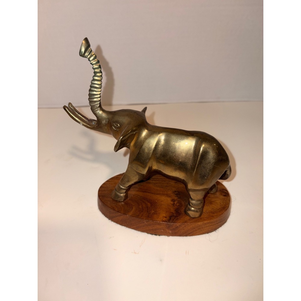 Vintage‎ Brass Elephant Figurine on Wood Base Trunk Up Lucky Statue Decor 7.5in